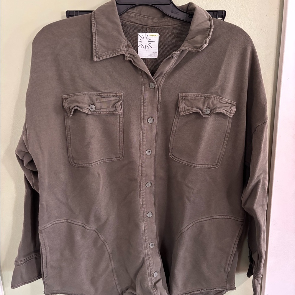 aerie Olive-Taupe Button-Front Utility Shirt Jacket